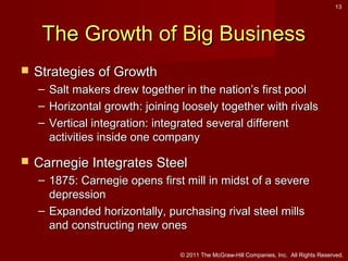13

The Growth of Big Business


Strategies of Growth
–
–
–



Salt makers drew together in the nation’s first pool
Horizontal growth: joining loosely together with rivals
Vertical integration: integrated several different
activities inside one company

Carnegie Integrates Steel
– 1875: Carnegie opens first mill in midst of a severe
depression
– Expanded horizontally, purchasing rival steel mills
and constructing new ones
© 2011 The McGraw-Hill Companies, Inc. All Rights Reserved.

 