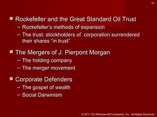 15



Rockefeller and the Great Standard Oil Trust
– Rockefeller’s methods of expansion
– The trust: stockholders of corporation surrendered
their shares “in trust”



The Mergers of J. Pierpont Morgan
– The holding company
– The merger movement



Corporate Defenders
– The gospel of wealth
– Social Darwinism

© 2011 The McGraw-Hill Companies, Inc. All Rights Reserved.

 