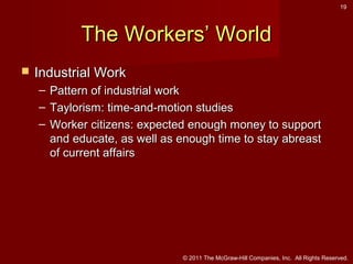 19

The Workers’ World


Industrial Work
–
–
–

Pattern of industrial work
Taylorism: time-and-motion studies
Worker citizens: expected enough money to support
and educate, as well as enough time to stay abreast
of current affairs

© 2011 The McGraw-Hill Companies, Inc. All Rights Reserved.

 