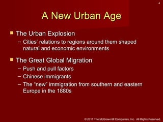 4

A New Urban Age


The Urban Explosion
– Cities’ relations to regions around them shaped
natural and economic environments



The Great Global Migration
–
–
–

Push and pull factors
Chinese immigrants
The “new” immigration from southern and eastern
Europe in the 1880s

© 2011 The McGraw-Hill Companies, Inc. All Rights Reserved.

 