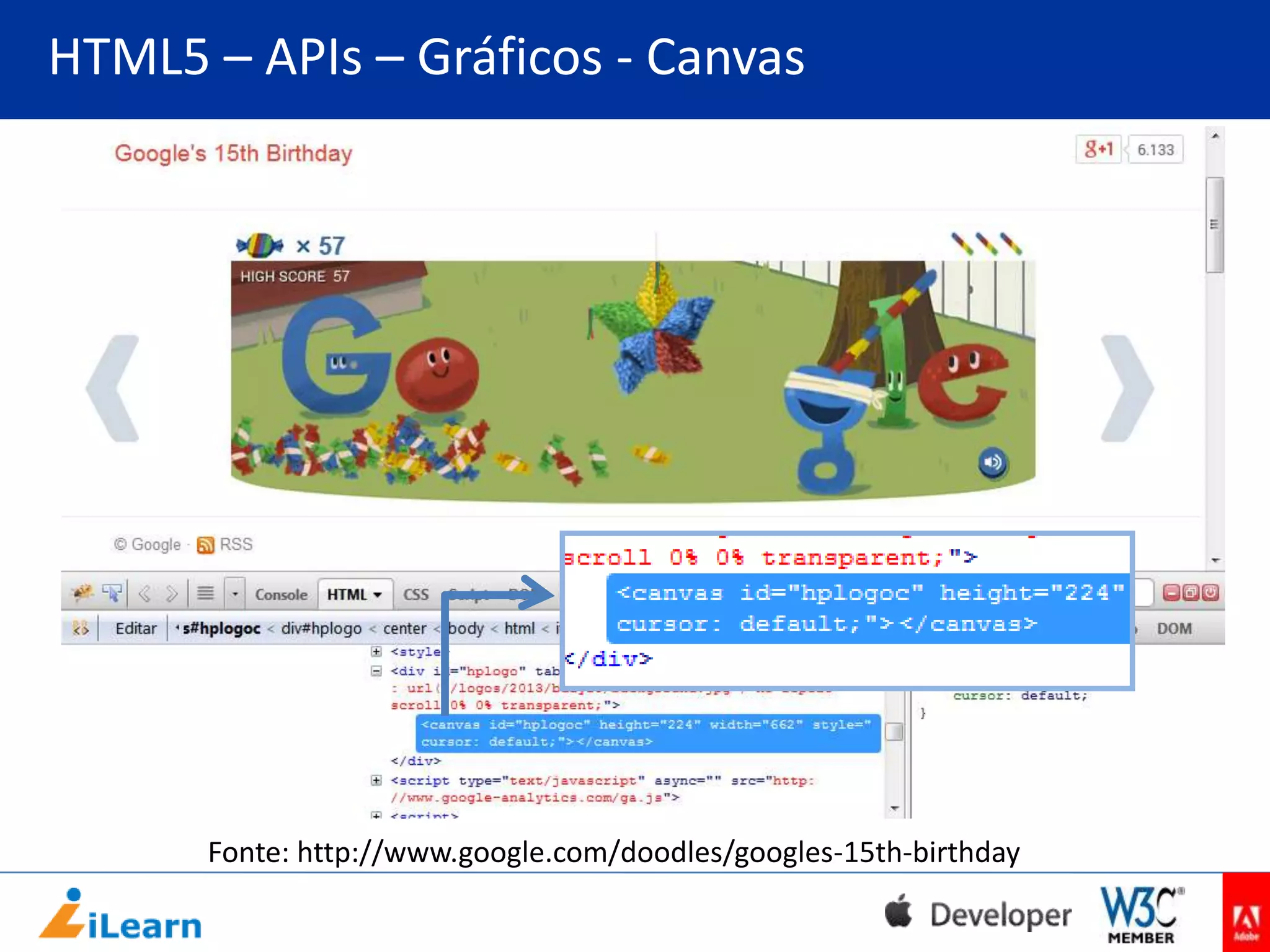 HTML5 – APIs – Gráficos - Canvas

Fonte: http://www.google.com/doodles/googles-15th-birthday

 