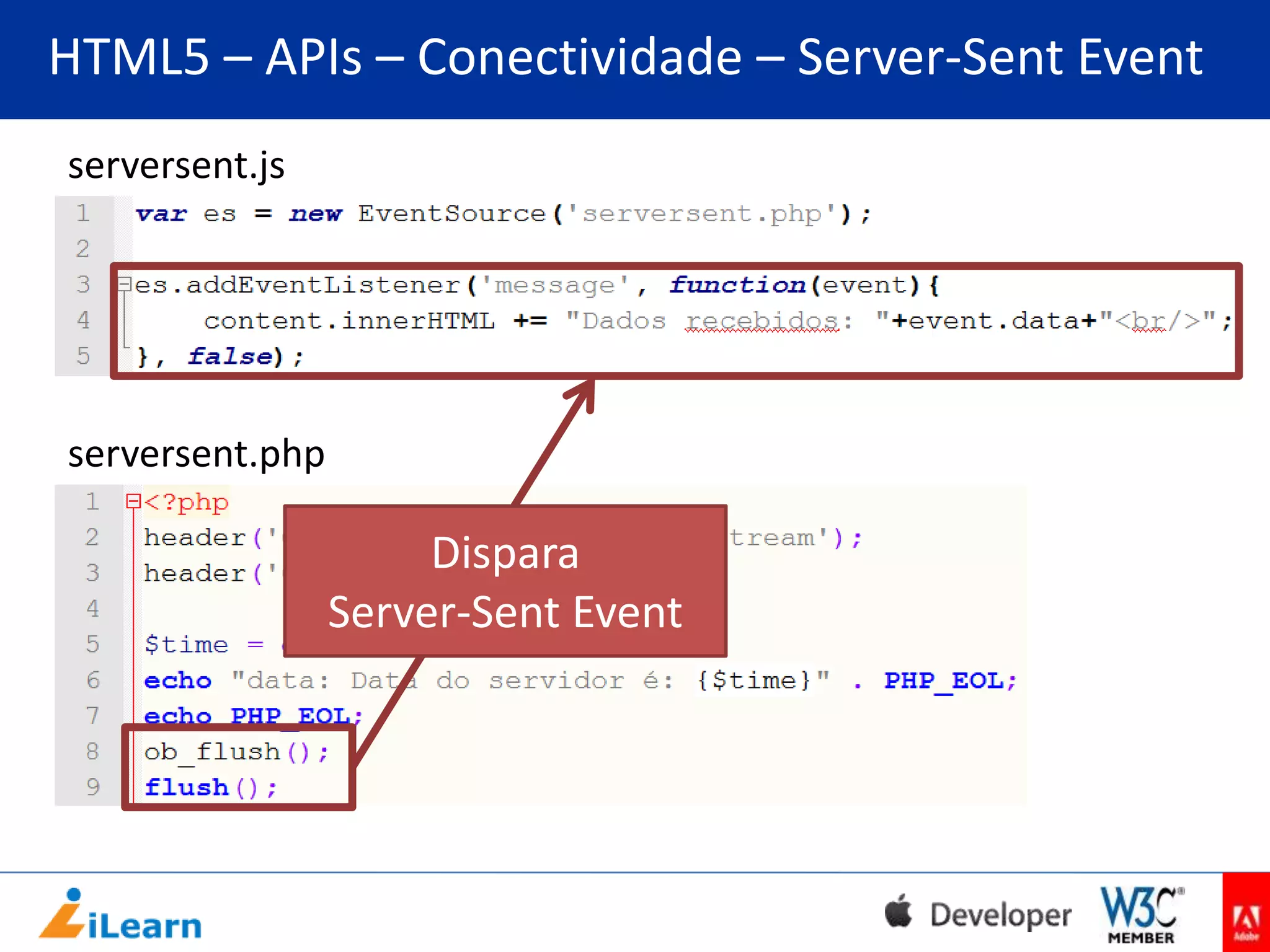 HTML5 – APIs – Conectividade – Server-Sent Event
serversent.js

serversent.php

Dispara
Server-Sent Event

 