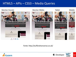 HTML5 – APIs – CSS3 – Media Queries
Monitor Grande

Monitor Médio

Fonte: http://stuffandnonsense.co.uk/

Tablet

Mobile

 