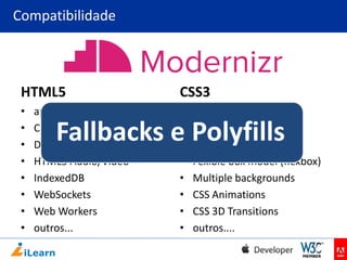 Compatibilidade

HTML5

CSS3

•
•
•
•
•
•
•
•

•
•
•
•
•
•
•
•

appCache
Canvas
Drag’n Drop
HTML5 Audio/Vídeo
IndexedDB
WebSockets
Web Workers
outros...

@font-face
background-size
border-radius
Fexible box model (flexbox)
Multiple backgrounds
CSS Animations
CSS 3D Transitions
outros....

Fallbacks e Polyfills

 
