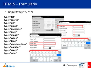 HTML5 – Formulário
• <input type=“???” />
type="tel"
type="search"
type="url"
type="email"
type="datetime"
type="date"
type="month"
type="week"
type="time"
type="datetime-local"
type="number"
type="range"
type="color"

 