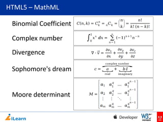 HTML5 – MathML
Binomial Coefficient
Complex number
Divergence
Sophomore's dream

Moore determinant

 