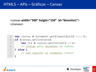 HTML5 – APIs – Gráficos – Canvas

<canvas width=”300” height=”150” id=“desenho1”>
</canvas>

 