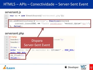 HTML5 – APIs – Conectividade – Server-Sent Event
serversent.js

serversent.php

Dispara
Server-Sent Event

 