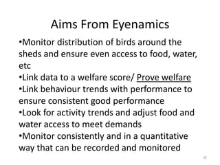 32
Aims From Eyenamics
•Monitor distribution of birds around the
sheds and ensure even access to food, water,
etc
•Link data to a welfare score/ Prove welfare
•Link behaviour trends with performance to
ensure consistent good performance
•Look for activity trends and adjust food and
water access to meet demands
•Monitor consistently and in a quantitative
way that can be recorded and monitored
 