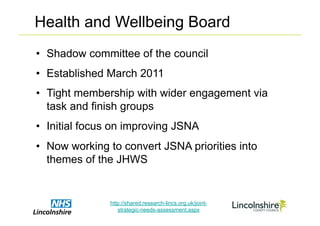 Health and Wellbeing Board
•  Shadow committee of the council
•  Established March 2011
•  Tight membership with wider engagement via
   task and finish groups
•  Initial focus on improving JSNA
•  Now working to convert JSNA priorities into
   themes of the JHWS


               http://shared.research-lincs.org.uk/joint-
                  strategic-needs-assessment.aspx
 