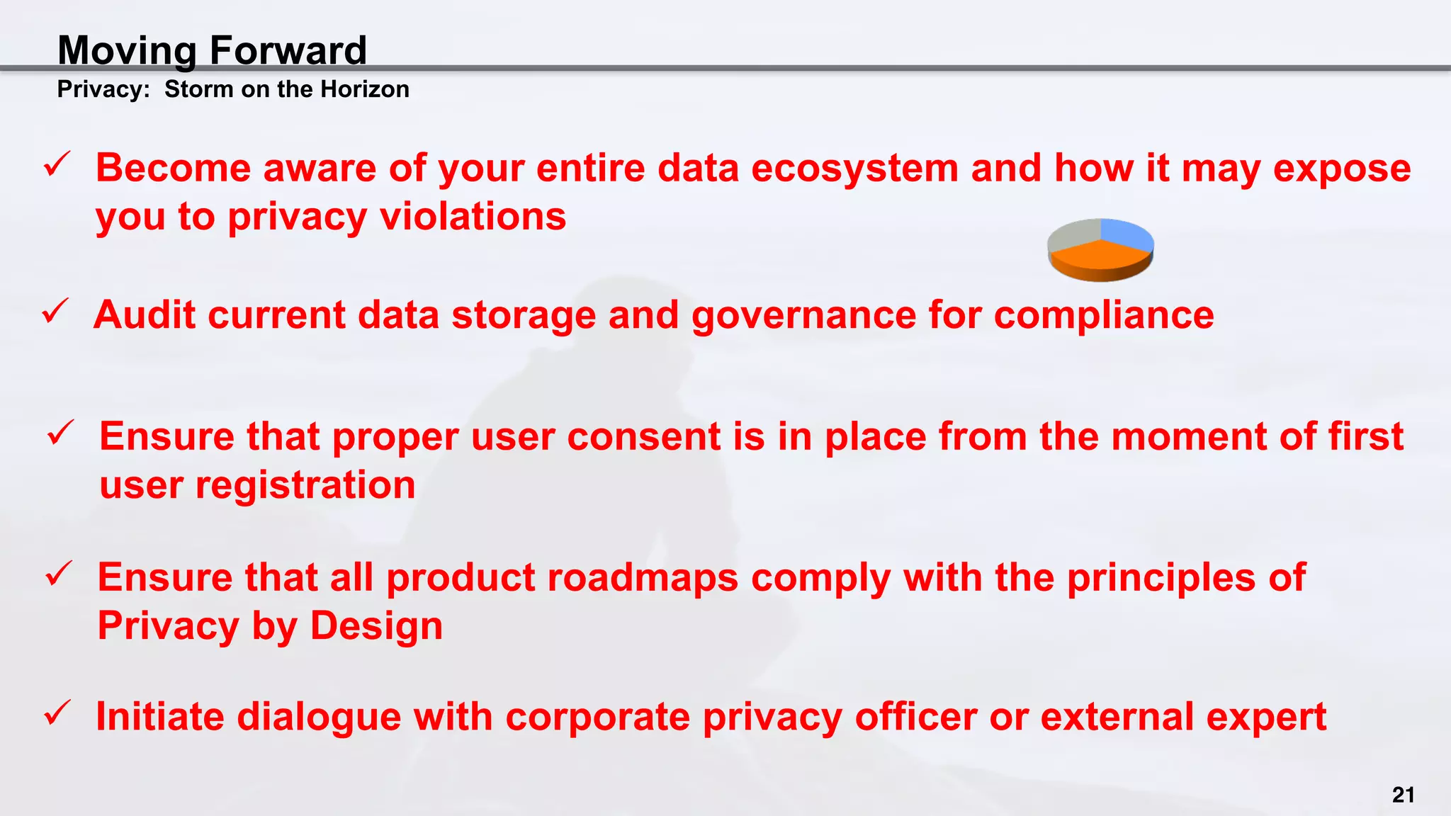 Moving Forward
Privacy: Storm on the Horizon
ü  Become aware of your entire data ecosystem and how it may expose
you to privacy violations
ü  Audit current data storage and governance for compliance
ü  Ensure that all product roadmaps comply with the principles of
Privacy by Design
21
ü  Ensure that proper user consent is in place from the moment of first
user registration
ü  Initiate dialogue with corporate privacy officer or external expert
 