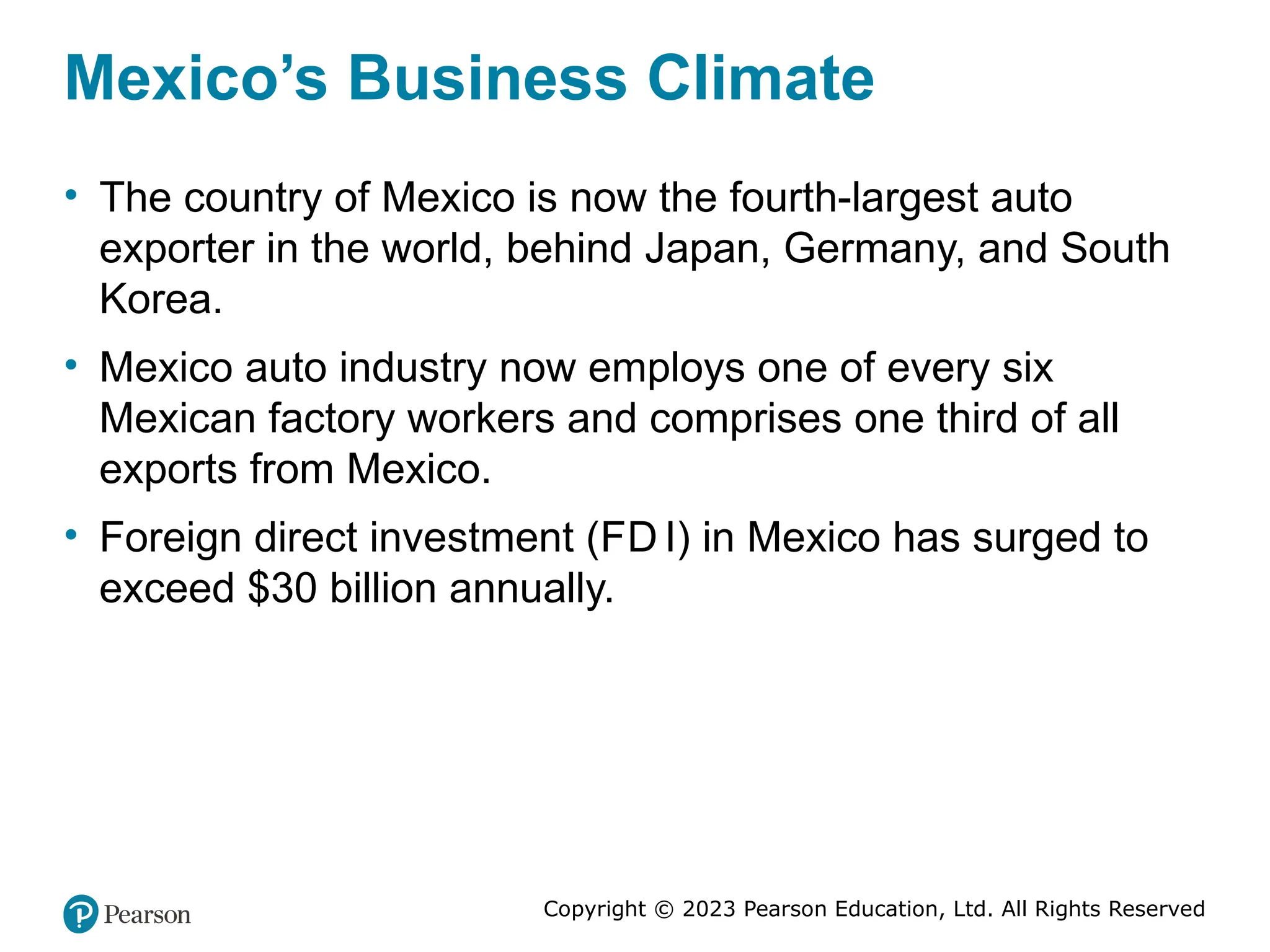Copyright © 2023 Pearson Education, Ltd. All Rights Reserved
Mexico’s Business Climate
• The country of Mexico is now the fourth-largest auto
exporter in the world, behind Japan, Germany, and South
Korea.
• Mexico auto industry now employs one of every six
Mexican factory workers and comprises one third of all
exports from Mexico.
• Foreign direct investment (FD I) in Mexico has surged to
exceed $30 billion annually.
 