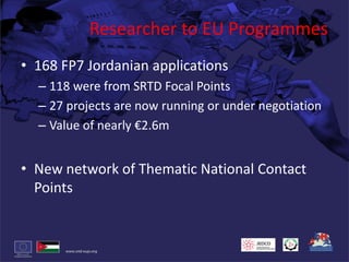 Researcher to EU Programmes168 FP7 Jordanian applications118 were from SRTD Focal Points27 projects are now running or under negotiationValue of nearly €2.6mNew network of Thematic National Contact Points