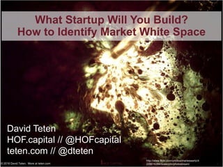 1
What Startup Will You Build?
How to Identify Market White Space
http://www.flickr.com/photos/marieswartz/4
228616284/sizes/z/in/photostream/
David Teten
HOF.capital // @HOFcapital
teten.com // @dteten
© 2018 David Teten. More at teten.com
 