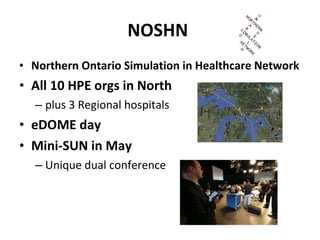 NOSHN  Northern Ontario Simulation in Healthcare Network  All 10 HPE orgs in North  plus 3 Regional hospitals eDOME day Mini-SUN in May  Unique dual conference  