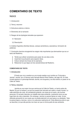 COMENTARIO DE TEXTO
ÍNDICE
1. Introducción
2. Tema y resumen
3. Estructura externa e interna
4. Elementos de la narración
...