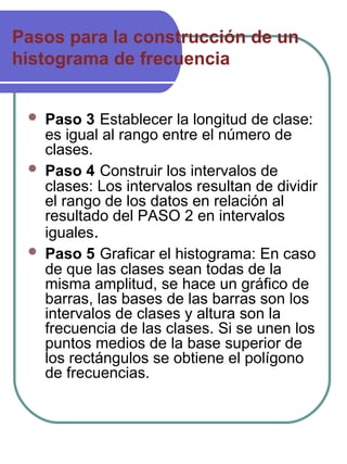 Pasos para la construcción de un histograma de frecuencia Paso 3   Establecer la longitud de clase: es igual al rango entre el número de clases. Paso 4   Construir los intervalos de clases: Los intervalos resultan de dividir el rango de los datos en relación al resultado del PASO 2 en intervalos iguales . Paso 5   Graficar el histograma: En caso de que las clases sean todas de la misma amplitud, se hace un gráfico de barras, las bases de las barras son los intervalos de clases y altura son la frecuencia de las clases. Si se unen los puntos medios de la base superior de los rectángulos se obtiene el polígono de frecuencias. 