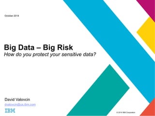 © 2014 IBM Corporation 
October 2014 
Big Data – Big Risk 
How do you protect your sensitive data? 
David Valovcin 
dvalovcin@us.ibm.com 
 