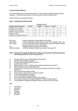 Khalifa University Module 514: Software Engineering 2
18
Function-Oriented Metrics
Since functionality cannot be measured directly, it must be derived indirectly using other direct
measures. The function point metric is the most common function-oriented metric.
Function points are computed as follows.
Step 1. Complete the following table.
Weighting Factor
Measurement Parameter Count Simple Average Complex
Number of user inputs × 3 4 6 =
Number of user outputs × 4 5 7 =
Number of user inquiries × 3 4 6 =
Number of files × 7 10 15 =
Number of external interfaces × 5 7 10 =
User input a distinct application-oriented data to the software
User output a distinct application-oriented output such as error messages, menu, etc
User inquiry an on-line input that results in the generation of some immediate software
response in the form on an on-line output
File a logically-distinct respository of information
External interface a machine readable interface such as port, disk, tape, CD
Step 2. Compute the complexity adjustment values by answering the following questions
and rating each factor (Fi) on a scale of 0 to 5:
F1 Does the system require reliable backup and recovery?
F2 Are data communications required?
F3 Are there distributed processing functions?
F4 Is performance critical?
F5 Will the system run in an existing, heavily utilized operational environment?
F6 Does the system require on-line data entry?
F7 Does the on-line data entry require the input transaction to be built over multiple
operations?
F8 Are the master files updated online?
F9 Are the inputs, outputs, files, or inquiries complex?
F10 Is the internal processing complex?
F11 Is the code designed to be reusable?
F12 Are conversion and installation included in the design?
F13 Is the system designed for multiple installations in different organizations?
F14 Is the application designed to facilitate change and ease of use by the user?
Note:
0 No influence
1 Incidental
2 Moderate
3 Average
4 Significant
5 Essential
 