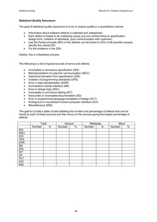 Khalifa University Module 514: Software Engineering 2
40
Statistical Quality Assurance
The goal of statistical quality assurance is to try to assess quality in a quantitative manner.
• Information about software defects is collected and categorized
• Each defect is traced to its underlying cause (e.g non-conformance to specification,
design error, violation of standards, poor communication with customer).
• Use the Pareto principle (80% of the defects can be traced to 20% of all possible causes):
identify the critical 20%.
• Fix the problems in the 20%
Clearly, this is a feedback process.
The following is a list of typical sources of errors and defects.
• Incomplete or erroneous specification (IES)
• Misinterpretation of customer communication (MCC)
• Intentional deviation from specification (IDS)
• Violation of programming standards (VPS)
• Error in data representation (EDR)
• Inconsistent module interface (IMI)
• Error in design logic (EDL)
• Incomplete or erroneous testing (IET)
• Inaccurate or incomplete documentation (IID)
• Error in programming language translation of design (PLT)
• Ambiguous or inconsistent human-computer interface (HCI)
• Miscellaneous (MIS)
The goal is to build a table of data detailing the number and percentage of defects that can be
traced to each of these sources and then focus on the sources giving the largest percentage of
defects:
Total Serious Moderate Minor
Number % Number % Number % Number %
IES
MCC
IDS
VPS
EDR
IMI
EDL
IET
IID
PLT
HCI
MIS
 
