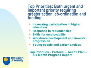 Top Priorities: Both urgent and important priority requiring greater action, co-ordination and funding Increasing participation in higher education Response to redundancies Skills for employability Workforce development and in-work progression Young people and career choices Top Priorities – Protocol – Action Plan – Six Month Progress Report 