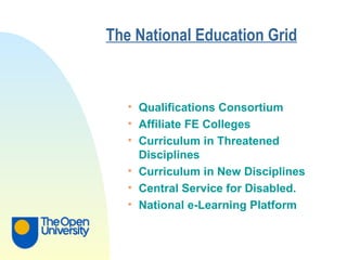 The National Education Grid Qualifications Consortium Affiliate FE Colleges Curriculum in Threatened Disciplines Curriculum in New Disciplines Central Service for Disabled. National e-Learning Platform 