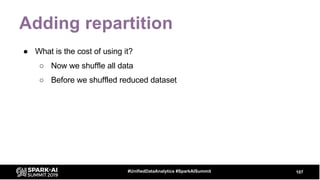 Adding repartition
● What is the cost of using it?
○ Now we shuffle all data
○ Before we shuffled reduced dataset
107#UnifiedDataAnalytics #SparkAISummit
 