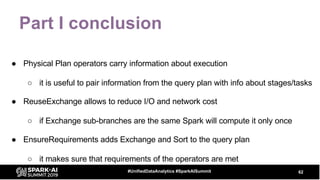 Part I conclusion
● Physical Plan operators carry information about execution
○ it is useful to pair information from the query plan with info about stages/tasks
● ReuseExchange allows to reduce I/O and network cost
○ if Exchange sub-branches are the same Spark will compute it only once
● EnsureRequirements adds Exchange and Sort to the query plan
○ it makes sure that requirements of the operators are met
62#UnifiedDataAnalytics #SparkAISummit
 