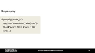 68#UnifiedDataAnalytics #SparkAISummit
df.groupBy(“profile_id”)
.agg(sum(“interactions”).alias(“sum”))
.filter($”sum” > 100 || $”sum” < 20)
.write(...)
Simple query:
 