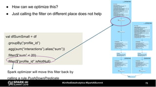 val dfSumSmall = df
.groupBy(“profile_id”)
.agg(sum(“interactions”).alias(“sum”))
.filter($”sum” < 20)
.filter($”profile_id”.isNotNull)
● How can we optimize this?
● Just calling the filter on different place does not help
75#UnifiedDataAnalytics #SparkAISummit
Spark optimizer will move this filter back by
calling a rule PushDownPredicate
 