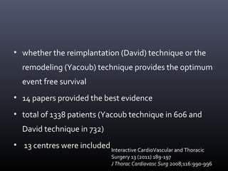 • whether the reimplantation (David) technique or the
remodeling (Yacoub) technique provides the optimum
event free survival
• 14 papers provided the best evidence
• total of 1338 patients (Yacoub technique in 606 and
David technique in 732)
• 13 centres were includedInteractive CardioVascular and Thoracic
Surgery 13 (2011) 189-197
J Thorac Cardiovasc Surg 2008;116:990-996
 