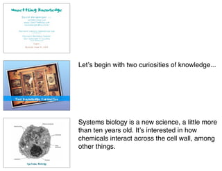 Letʼs begin with two curiosities of knowledge...




Systems biology is a new science, a little more
than ten years old. Itʼs interested in how
chemicals interact across the cell wall, among
other things.
 