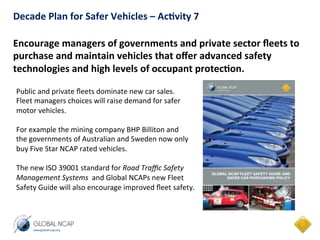 Decade	
  Plan	
  for	
  Safer	
  Vehicles	
  –	
  Ac.vity	
  7	
  
	
  
Encourage	
  managers	
  of	
  governments	
  and	
  private	
  sector	
  ﬂeets	
  to	
  
purchase	
  and	
  maintain	
  vehicles	
  that	
  oﬀer	
  advanced	
  safety	
  
technologies	
  and	
  high	
  levels	
  of	
  occupant	
  protec.on.	
  
Public	
  and	
  private	
  ﬂeets	
  dominate	
  new	
  car	
  sales.	
  	
  	
  
Fleet	
  managers	
  choices	
  will	
  raise	
  demand	
  for	
  safer	
  	
  
motor	
  vehicles.	
  	
  
	
  
For	
  example	
  the	
  mining	
  company	
  BHP	
  Billiton	
  and	
  
the	
  governments	
  of	
  Australian	
  and	
  Sweden	
  now	
  only	
  
buy	
  Five	
  Star	
  NCAP	
  rated	
  vehicles.	
  
	
  
The	
  new	
  ISO	
  39001	
  standard	
  for	
  Road	
  Traﬃc	
  Safety	
  
Management	
  Systems	
  	
  and	
  Global	
  NCAPs	
  new	
  Fleet	
  	
  
Safety	
  Guide	
  will	
  also	
  encourage	
  improved	
  ﬂeet	
  safety.	
  
	
  
 
