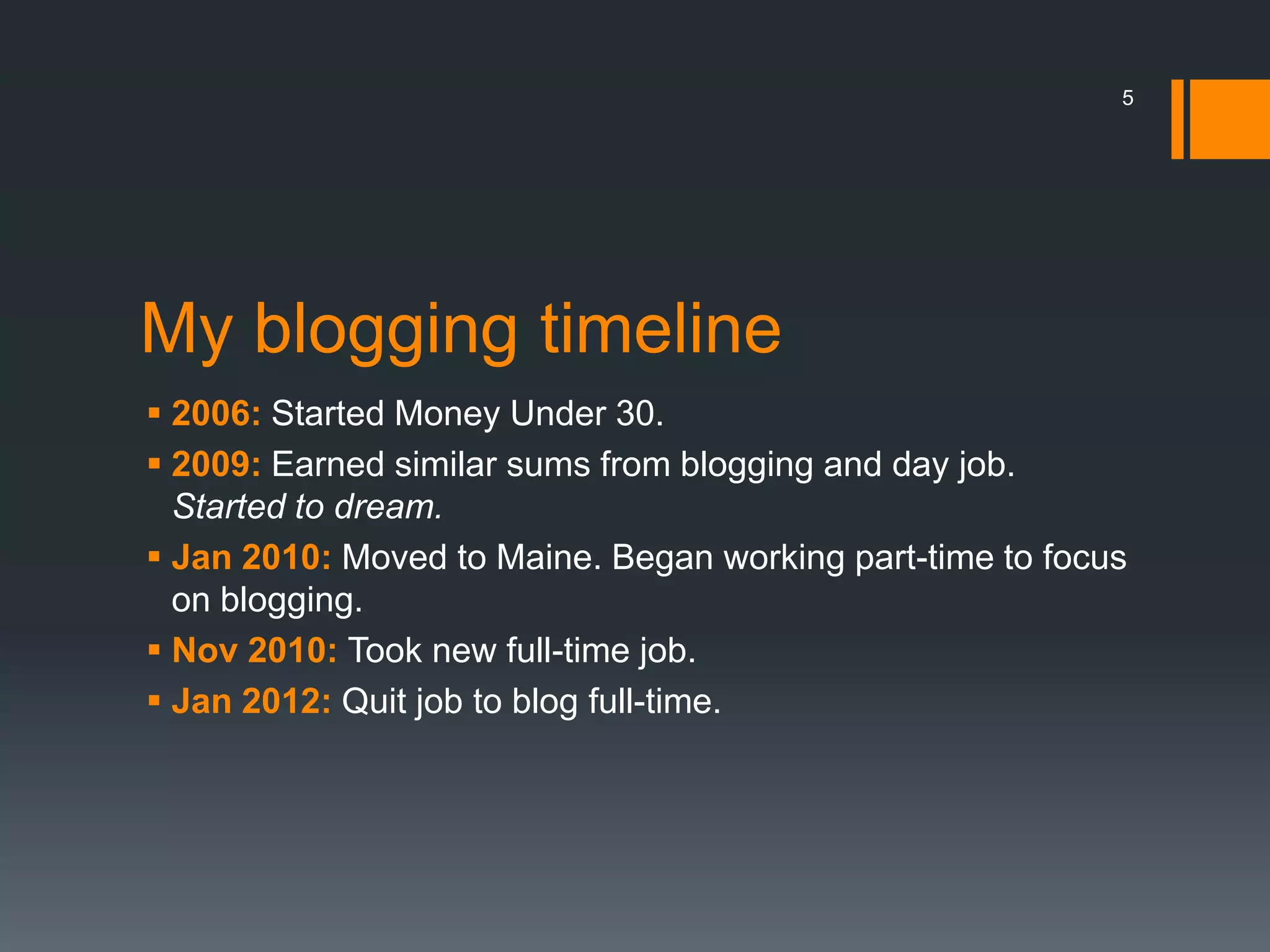 5




My blogging timeline
 2006: Started Money Under 30.
 2009: Earned similar sums from blogging and day job.
  Started to dream.
 Jan 2010: Moved to Maine. Began working part-time to focus
  on blogging.
 Nov 2010: Took new full-time job.
 Jan 2012: Quit job to blog full-time.
 