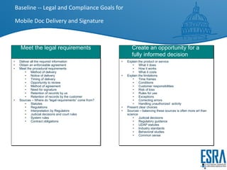 Baseline -- Legal and Compliance Goals for  Mobile Doc Delivery and Signature Meet the legal requirements Deliver all the required information Obtain an enforceable agreement Meet the procedural requirements Method of delivery Notice of delivery Timing of delivery Opportunity to review Method of agreement Need for signature Retention of records by us Retention of records by the customer Sources – Where do “legal requirements” come from? Statutes Regulations Interpretation by Regulators Judicial decisions and court rules System rules Contract obligations Create an opportunity for a  fully informed decision Explain the product or service What it does How it works What it costs Explain the limitations Time frames Conditions Customer responsibilities Risk of loss Rules for use Exceptions Correcting errors  Handling unauthorized  activity Present clear choices Sources – balancing these sources is often more art than science Judicial decisions Regulatory guidance UDAP statutes Industry standards Behavioral studies Common sense 