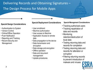 Delivering Records and Obtaining Signatures –  The Design Process for Mobile Apps Authentication to System Version Control Online/Offline Operation Push Notification Reporting and Tracking Record Security and Management User enrollment Machine authorization User access to Machine Application Access to remote data Data propagation to the device Data transmission and encryption Data storage and encryption Offline operation Data and document management Update procedures Tracking authorized users Tracking repatriation of data and records Monitoring retention/destruction of local data Testing returning data and records for completion Testing returning data and records for alteration or corruption Filtering returning records to prevent introduction of malware and viruses Special Deployment Considerations Special Design Considerations Special Management Considerations 