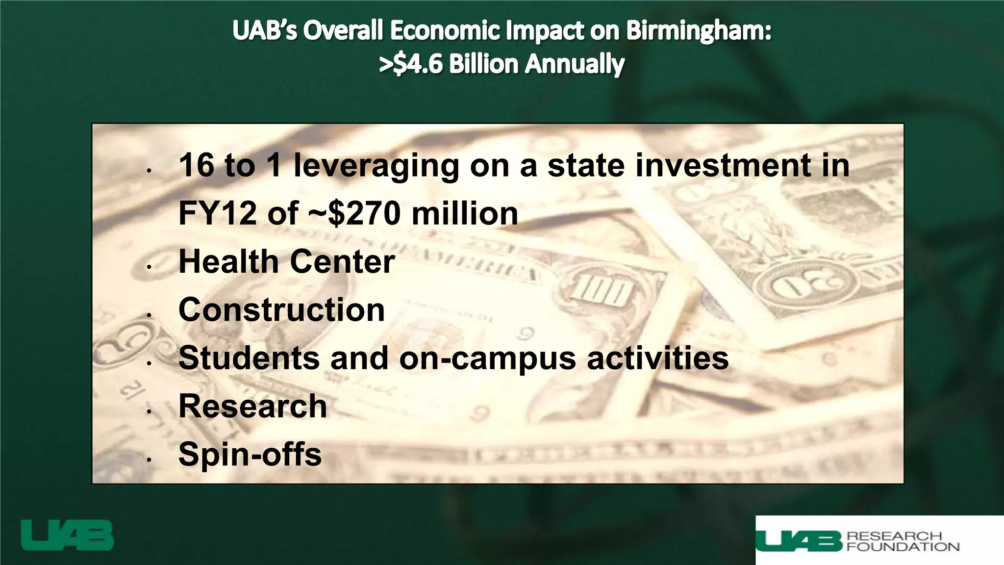 • 16 to 1 leveraging on a state investment in
FY12 of ~$270 million
• Health Center
• Construction
• Students and on-campus activities
• Research
• Spin-offs
 