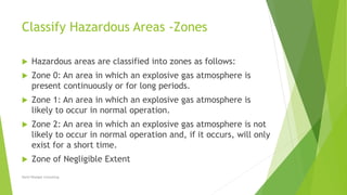 Classify Hazardous Areas -Zones
 Hazardous areas are classified into zones as follows:
 Zone 0: An area in which an explosive gas atmosphere is
present continuously or for long periods.
 Zone 1: An area in which an explosive gas atmosphere is
likely to occur in normal operation.
 Zone 2: An area in which an explosive gas atmosphere is not
likely to occur in normal operation and, if it occurs, will only
exist for a short time.
 Zone of Negligible Extent
David Woolgar Consulting
 