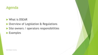 Agenda
 What is DSEAR
 Overview of Legislation & Regulations
 Site owners / operators responsibilities
 Examples
David Woolgar Consulting
 