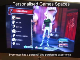 Personalised Games Spaces




Every user has a personal and persistent experience
 