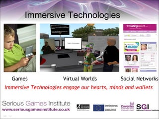 Immersive Technologies




  Games                Virtual Worlds         Social Networks
Immersive Technologies engage our hearts, minds and wallets
 