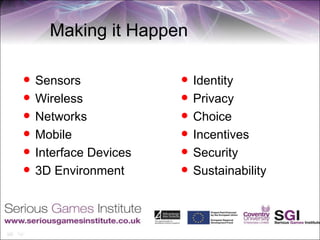 Making it Happen
• Infrastructure      • Society
 Sensors              Identity
 Wireless             Privacy
 Networks             Choice
 Mobile               Incentives
 Interface Devices    Security
 3D Environment       Sustainability
 
