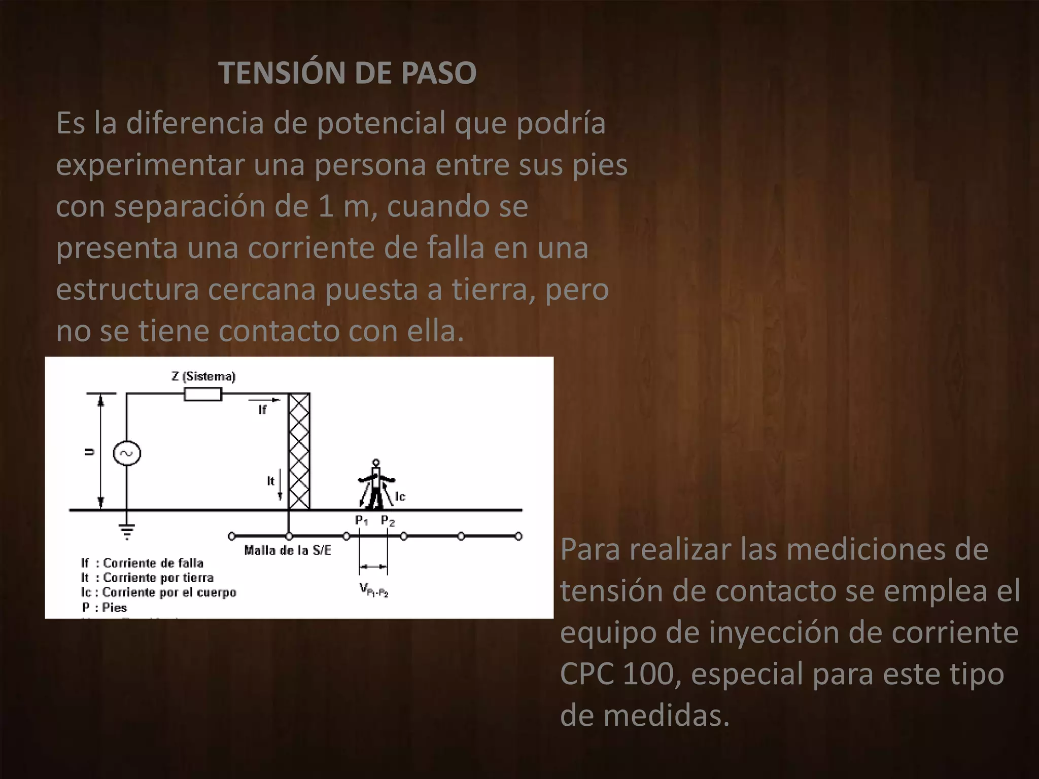 TENSIÓN DE PASO
Es la diferencia de potencial que podría
experimentar una persona entre sus pies
con separación de 1 m, cuando se
presenta una corriente de falla en una
estructura cercana puesta a tierra, pero
no se tiene contacto con ella.




                                   Para realizar las mediciones de
                                   tensión de contacto se emplea el
                                   equipo de inyección de corriente
                                   CPC 100, especial para este tipo
                                   de medidas.
 