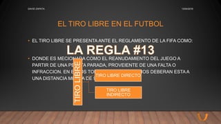 EL TIRO LIBRE EN EL FUTBOL
• EL TIRO LIBRE SE PRESENTA ANTE EL REGLAMENTO DE LA FIFA COMO:
• DONDE ES MECIONADA COMO EL REANUDAMIENTO DEL JUEGO A
PARTIR DE UNA PELOTA PARADA, PROVEIENTE DE UNA FALTA O
INFRACCION. EN ESTOS TODOS SUS ADVERSARIOS DEBERAN ESTA A
UNA DISTANCIA MINIMA DE 9,15 METROS.TIROLIBRE TIRO LIBRE DIRECTO
TIRO LIBRE
INDIRECTO
13/04/2016DAVID ZAPATA
 