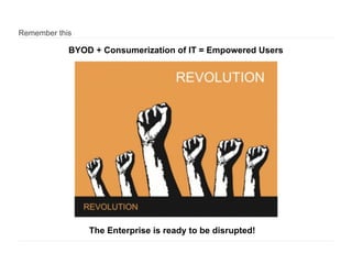 Remember this

BYOD + Consumerization of IT = Empowered Users

The Enterprise is ready to be disrupted!

 
