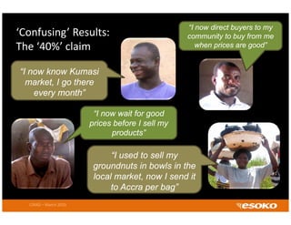 “I now direct buyers to my
‘Confusing’ Results:                             community to buy from me
The ‘40%’ claim                                     when prices are good”


“I now know Kumasi
  market, I go there
    every month”

                        “I now wait for good
                       p
                       prices before I sell my
                                             y
                             products”

                             “I used to sell my
                              I
                        groundnuts in bowls in the
                        local market, now I send it
                             to Accra per bag”
  CIRAD – March 2010
 