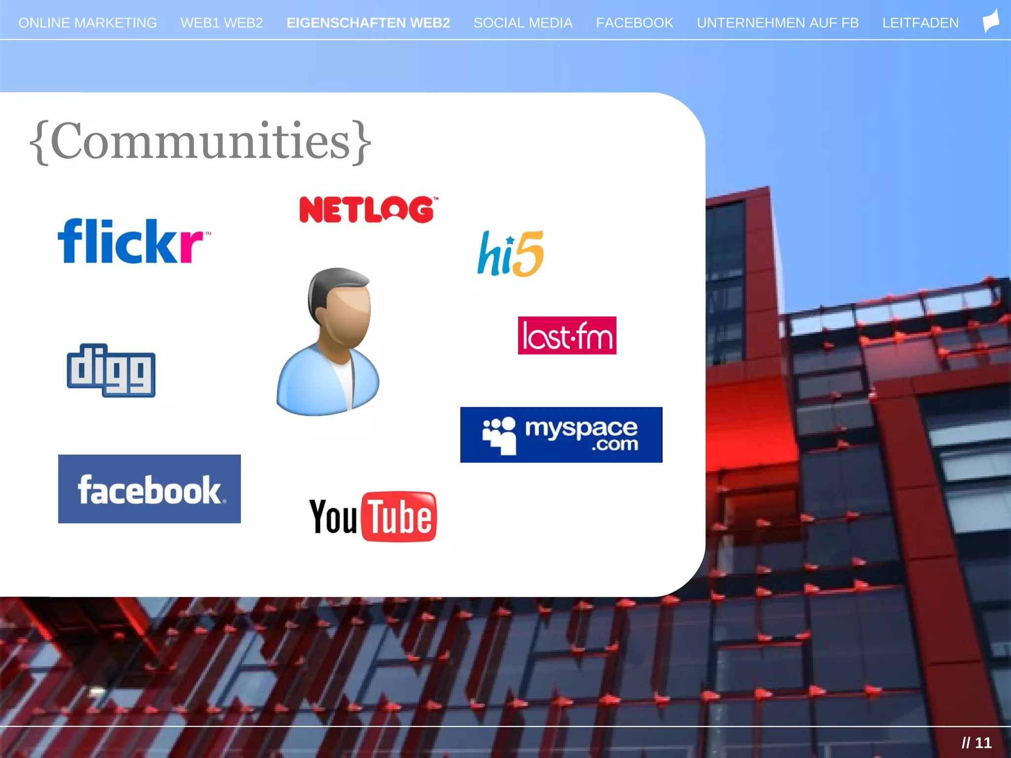 ONLINE MARKETING   WEB1 WEB2   EIGENSCHAFTEN WEB2   SOCIAL MEDIA   FACEBOOK   UNTERNEHMEN AUF FB   LEITFADEN




 {Communities}




                                                                                                               // 11
 