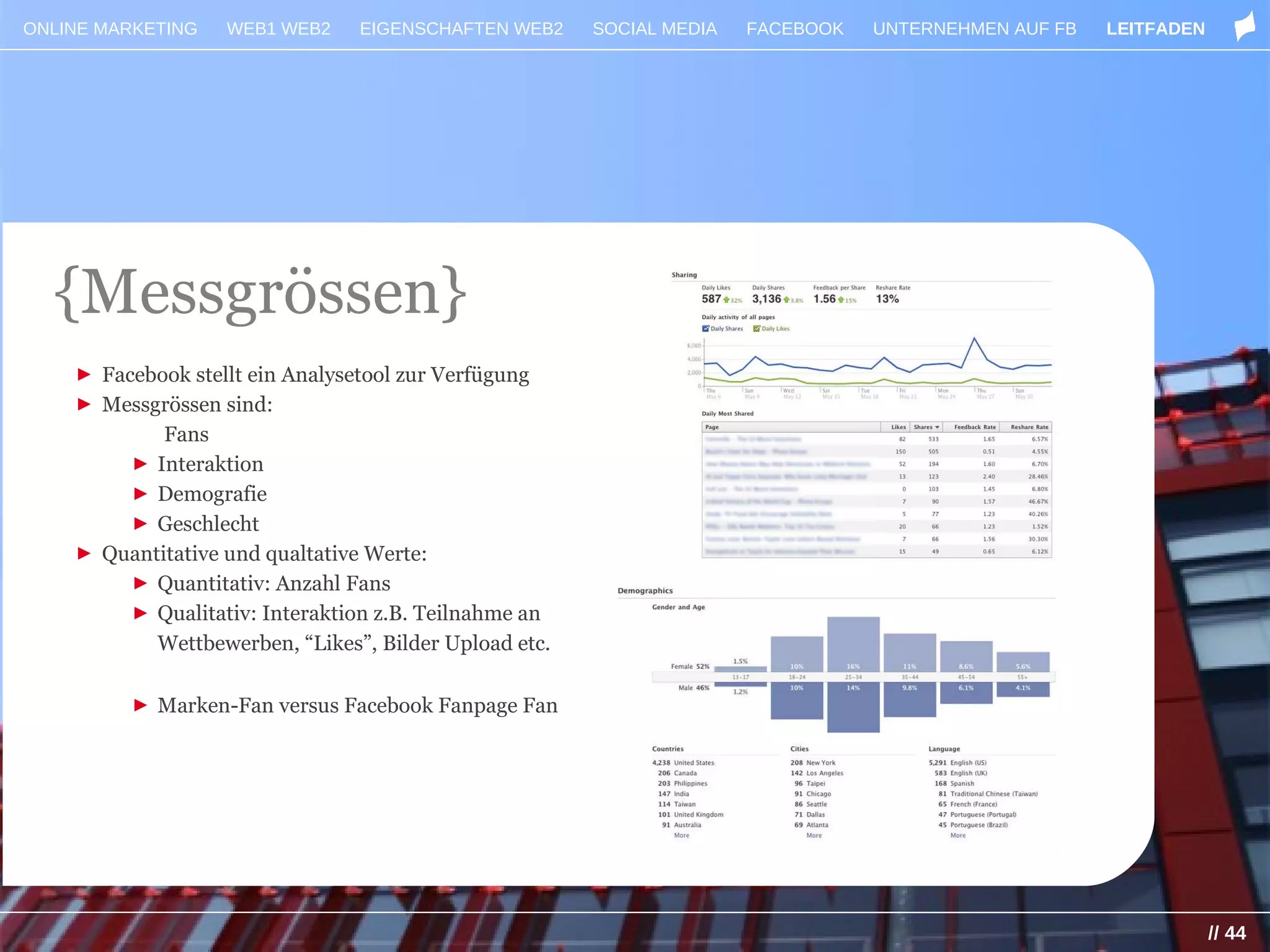 ONLINE MARKETING   WEB1 WEB2    EIGENSCHAFTEN WEB2     SOCIAL MEDIA   FACEBOOK   UNTERNEHMEN AUF FB   LEITFADEN




  {Messgrössen}
    ► Facebook stellt ein Analysetool zur Verfügung
    ► Messgrössen sind:
            Fans
         ► Interaktion
         ► Demografie
         ► Geschlecht
    ► Quantitative und qualtative Werte:
         ► Quantitativ: Anzahl Fans
         ► Qualitativ: Interaktion z.B. Teilnahme an
           Wettbewerben, “Likes”, Bilder Upload etc.

         ► Marken-Fan versus Facebook Fanpage Fan




                                                                                                                  // 44
 