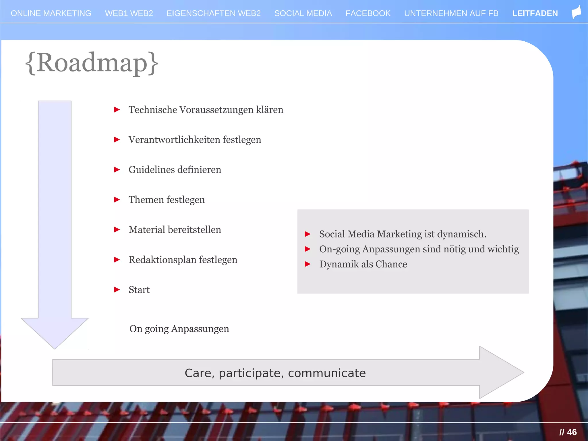 ONLINE MARKETING   WEB1 WEB2   EIGENSCHAFTEN WEB2      SOCIAL MEDIA   FACEBOOK   UNTERNEHMEN AUF FB    LEITFADEN




  {Roadmap}
                    ► Technische Voraussetzungen klären


                    ► Verantwortlichkeiten festlegen


                    ► Guidelines definieren


                    ► Themen festlegen


                    ► Material bereitstellen                ► Social Media Marketing ist dynamisch.
                                                            ► On-going Anpassungen sind nötig und wichtig
                    ► Redaktionsplan festlegen              ► Dynamik als Chance

                    ► Start



                       On going Anpassungen



                                   Care, participate, communicate




                                                                                                                   // 46
 