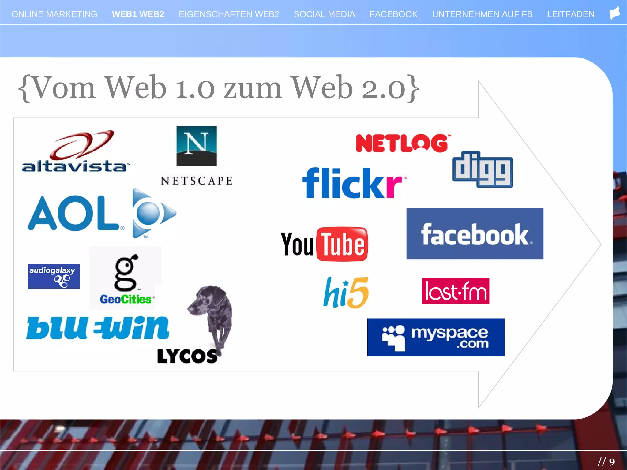 ONLINE MARKETING   WEB1 WEB2   EIGENSCHAFTEN WEB2   SOCIAL MEDIA   FACEBOOK   UNTERNEHMEN AUF FB   LEITFADEN




 {Vom Web 1.0 zum Web 2.0}




                                                                                                               // 9
 